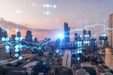 Bangkok şehir manzarasının günbatımı arkaplanı. Forx grafikli. Başarı ve finans kavramı. Çoklu pozlama