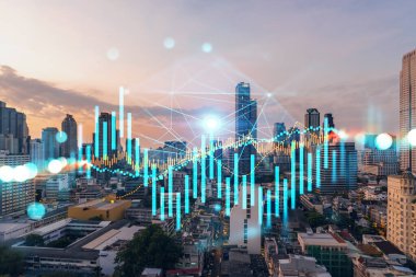 Bangkok şehir manzarasının günbatımı arkaplanı. Forx grafikli. Başarı ve finans kavramı. Çoklu pozlama