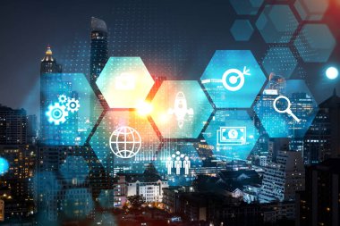 Araştırma ve teknolojik gelişim simgeleri parlıyor. Bangkok 'un panoramik şehir manzarası. Asya 'da yeni hizmetleri veya ürünleri genişleten yenilikçi faaliyetler kavramı. Çift pozlama.