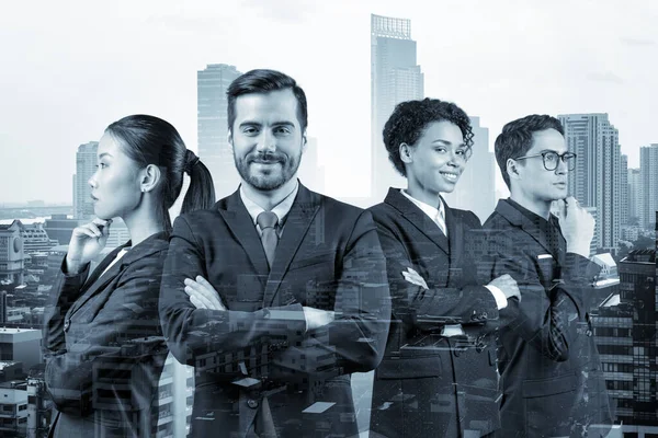 Front view of four successful smiling business consultants standing in a row in suits and ready to tackle with customer problem. Bangkok cityscape. Multinational corporate team. Double exposure.