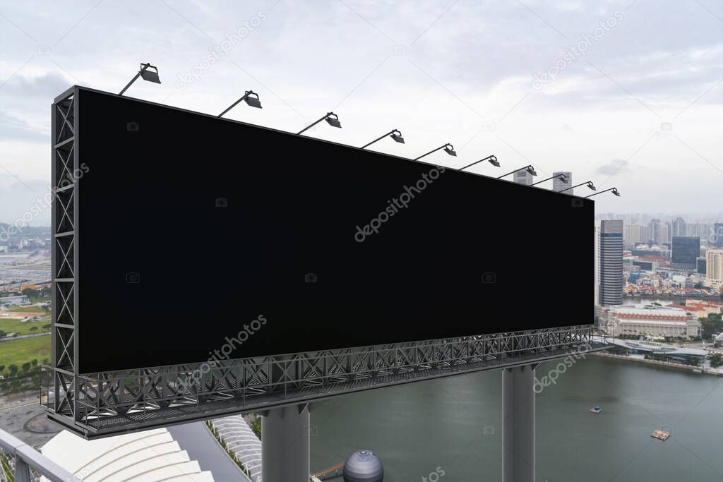 Blank black road billboard with Singapore cityscape background at day time. Street advertising poster, mock up, 3D rendering. Side view. The concept of marketing communication to sell idea.