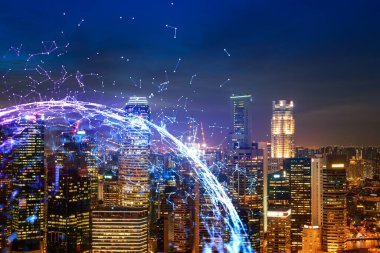 Soyut teknoloji simgeleri, Singapur, Asya 'nın gece panoramik şehir manzarası. Uluslararası iş sürecini optimize etmek için yenilikçi yaklaşım kavramı. Çift pozlama.