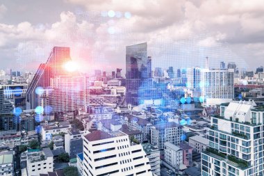 Dünya gezegeninin hologramı Bangkok, Asya 'nın Panorama şehri manzarasında. Uluslararası bağlantılar ve iş dünyası kavramı. Çoklu Pozlama.