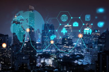 Araştırma ve teknolojik gelişim simgeleri parlıyor. Bangkok 'un panoramik şehir manzarası. Asya 'da yeni hizmetleri veya ürünleri genişleten yenilikçi faaliyetler kavramı. Çift pozlama.