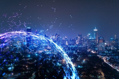 Soyut teknoloji simgeleri, Bangkok, Asya 'nın gece panoramik şehir manzarası. Uluslararası iş sürecini optimize etmek için yenilikçi yaklaşım kavramı. Çift pozlama.