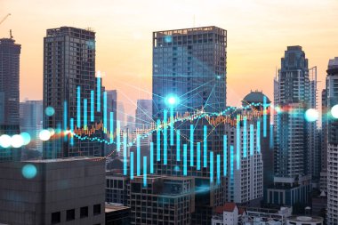 Işık saçan FOREX grafik hologramı, gün batımında Bangkok 'un panoramik şehir manzarası. Asya 'da hisse ve tahvil ticareti. Fon yönetimi kavramı. Çift pozlama.