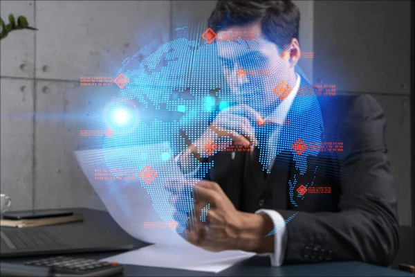 Businessman in office think and dream data technology world map drawing concept. Double exposure.
