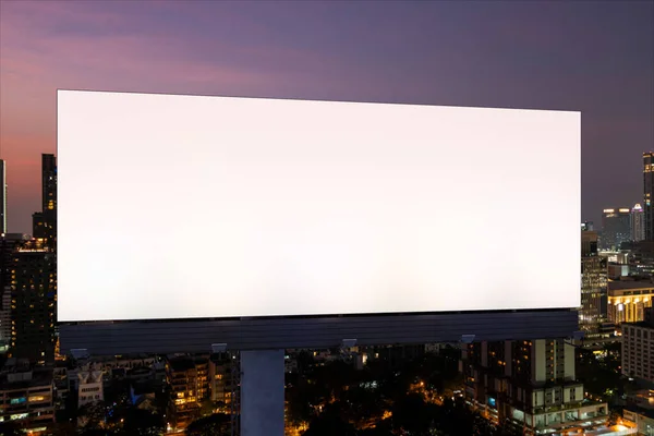 Blank white road billboard with Bangkok cityscape background at night time. Street advertising poster, mock up, 3D rendering. Front view. The concept of marketing communication to promote idea. — Stock Photo, Image