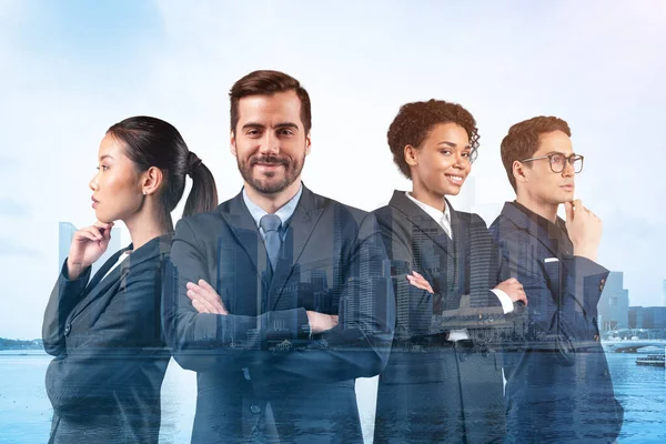 Front view of successful smiling business consultants standing in a row in suits and ready to tackle with customer problem. Singapore cityscape. Multinational corporate team. Double exposure.