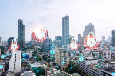 Asya 'daki işleri korumak için Panorama City manzaralı asma kilit hologramı. Bilgi güvenlik kalkanları kavramı. Çift pozlama.
