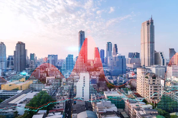 Glowing FOREX graph hologram, aerial panoramic cityscape of Bangkok at sunset. Stock and bond trading in Asia. The concept of fund management. Double exposure.