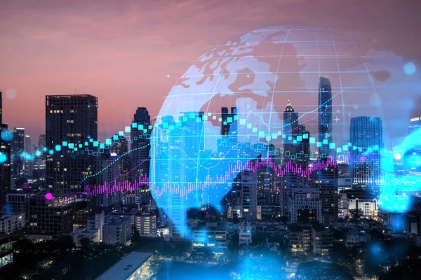 Glowing FOREX graph hologram, aerial panoramic cityscape of Bangkok at sunset. Stock and bond trading in Asia. The concept of fund management. Double exposure. — Stock Photo, Image