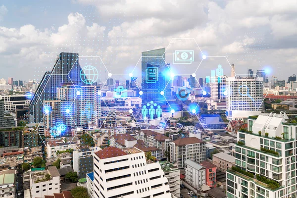 Bangkok 'un Panorama şehri görüşü üzerine araştırma ve geliştirme hologramı, Asya' daki ticareti optimize etmek için yeni teknolojilerin merkezi. Fırsatları aşma kavramı. Çift pozlama.