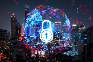 Parlayan Padlock hologramı, Bangkok, Asya 'nın gece panoramik şehir manzarası. Şirketleri korumak için siber güvenlik kavramı. Çift pozlama.