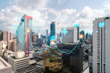 Bangkok 'un Panorama şehri görüşü üzerine araştırma ve geliştirme hologramı, Asya' daki ticareti optimize etmek için yeni teknolojilerin merkezi. Fırsatları aşma kavramı. Çift pozlama.