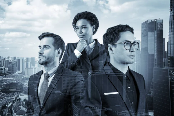 Three successful business consultants standing in a row in suits and ready to tackle with customer problem. Singapore cityscape. Multinational corporate team. Double exposure.