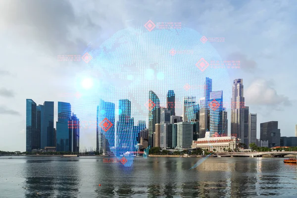 World planet Earth map hologram over panorama city view of Singapore, Asia. The concept of international connections and business. Multi Exposure.