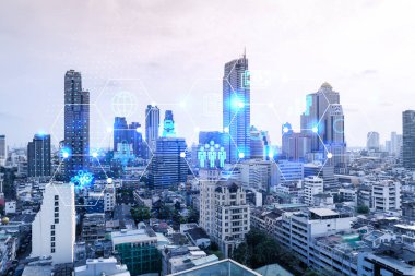 Bangkok 'un Panorama şehri görüşü üzerine araştırma ve geliştirme hologramı, Asya' daki ticareti optimize etmek için yeni teknolojilerin merkezi. Fırsatları aşma kavramı. Çift pozlama.