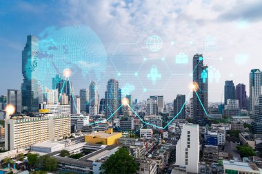 Bangkok 'un Panorama şehri görüşü üzerine araştırma ve geliştirme hologramı, Asya' daki ticareti optimize etmek için yeni teknolojilerin merkezi. Fırsatları aşma kavramı. Çift pozlama.