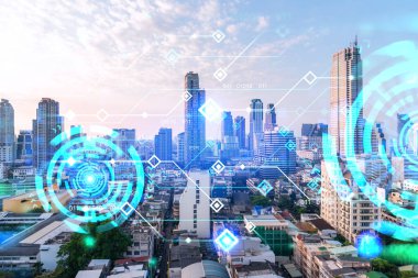 Parlak teknolojik süreç hologramı, gün batımında Bangkok 'un havadan panoramik manzarası. Asya 'daki en büyük yenilikçi teknoloji merkezi. Çoklu pozlama.