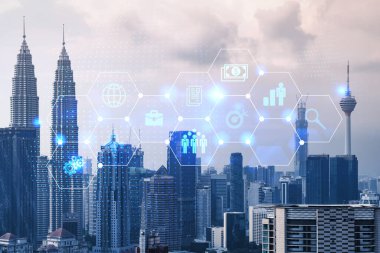Kuala Lumpur 'un Panorama şehri görüşü üzerine araştırma ve geliştirme hologramı. KL, Malezya, Asya 'da ticareti optimize etmek için yeni teknolojilerin merkezidir. Fırsatları aşma kavramı. Çift pozlama.