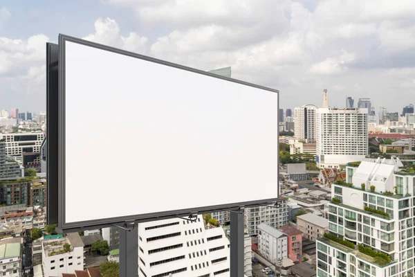 Blank white road billboard with Bangkok cityscape background at day time. Street advertising poster, mock up, 3D rendering. Side view. The concept of marketing communication to promote or sell idea. — Stock Photo, Image