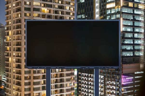 Blank black road outdoors with Bangkok cityscape background at night time. Cartaz publicitário de rua, mock up, renderização 3D. Vista frontal. O conceito de comunicação de marketing para vender ideia. — Fotografia de Stock