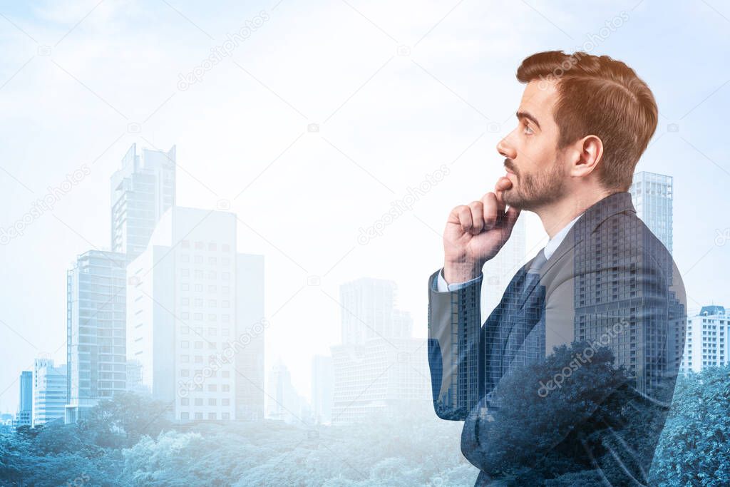 Young handsome businessman in suit with hand on chin thinking how to succeed, new career opportunities, MBA. Bangkok on background. Double exposure.