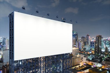 Blank white road billboard with Bangkok cityscape background at night time. Street advertising poster, mock up, 3D rendering. Side view. The concept of marketing communication to sell idea. clipart