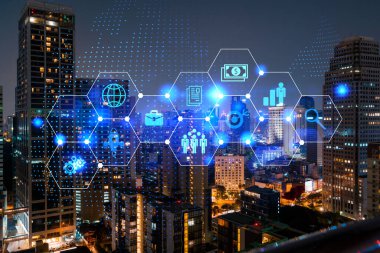 Araştırma ve teknolojik gelişim simgeleri parlıyor. Bangkok 'un panoramik şehir manzarası. Asya 'da yeni hizmetleri veya ürünleri genişleten yenilikçi faaliyetler kavramı. Çift pozlama.