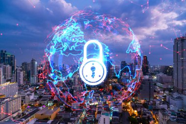 Parlayan Padlock hologramı, Bangkok, Asya 'nın gece panoramik şehir manzarası. Şirketleri korumak için siber güvenlik kavramı. Çift pozlama.