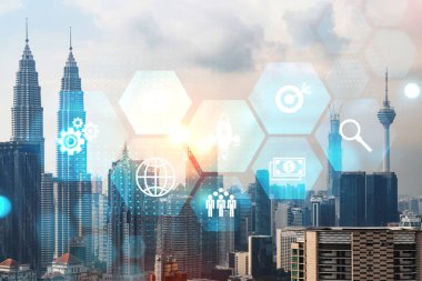 Kuala Lumpur 'un Panorama şehri görüşü üzerine araştırma ve geliştirme hologramı. KL, Malezya, Asya 'da ticareti optimize etmek için yeni teknolojilerin merkezidir. Fırsatları aşma kavramı. Çift pozlama.