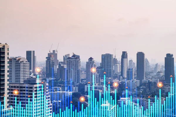 stock image Financial stock chart hologram over panorama city view of Bangkok, business center in Asia. The concept of international transactions. Double exposure.