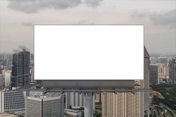 Blank white road billboard with Singapore cityscape background at sunset. Street advertising poster, mock up, 3D rendering. Front view. The concept of marketing communication to sell idea. — Stock Photo, Image