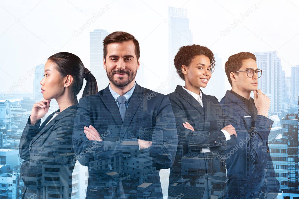 Front view of four successful smiling business consultants standing in a row in suits and ready to tackle with customer problem. Bangkok cityscape. Multinational corporate team. Double exposure.