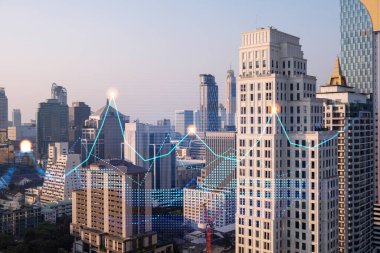 Pazar davranışı hologramı, günbatımı panoramik şehir görüntüsü, Asya 'da finansal derece alabilmek için popüler bir yer. Finansal veri analizi kavramı. Çift pozlama.