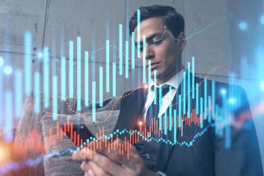 Trader in office working with Smartphone, FOREX graph hologram to analyze market behavior, typing phone. Double exposure. clipart