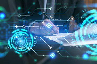 Takım elbiseli iş adamı kontrat imzaladı. Teknoloji illüstrasyon hologramıyla çifte maruz kalma. Yeni iş ortaklığı kavramı.