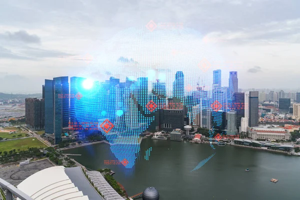 World planet Earth map hologram over panorama city view of Singapore, Asia. The concept of international connections and business. Multi Exposure.