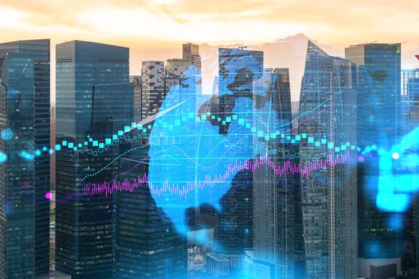 Holograma gráfico FOREX brillante, paisaje urbano panorámico aéreo de Singapur al atardecer. Comercio de acciones y bonos en Asia. El concepto de gestión de fondos. Doble exposición. —  Fotos de Stock