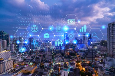 Araştırma ve teknolojik gelişim simgeleri parlıyor. Bangkok 'un panoramik şehir manzarası. Asya 'da yeni hizmetleri veya ürünleri genişleten yenilikçi faaliyetler kavramı. Çift pozlama.