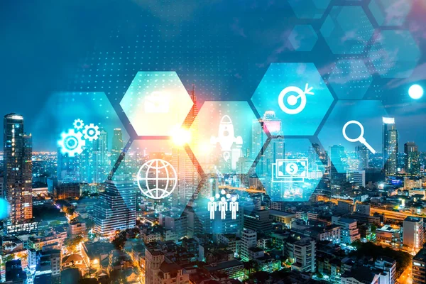 Araştırma ve teknolojik gelişim simgeleri parlıyor. Bangkok 'un panoramik şehir manzarası. Asya 'da yeni hizmetleri veya ürünleri genişleten yenilikçi faaliyetler kavramı. Çift pozlama.