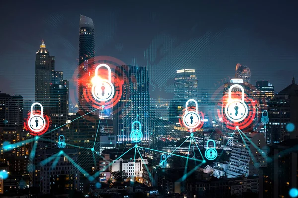 Parlayan Padlock hologramı, Bangkok, Asya 'nın gece panoramik şehir manzarası. Şirketleri korumak için siber güvenlik kavramı. Çift pozlama.