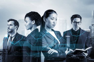 Yeni risk sermayesi ve yüksek teknoloji üzerinde çalışan bir grup iş arkadaşı riskleri tahmin etmeye ve olası kazanç artışlarını tahmin etmeye çalışıyor. Singapur arkaplanının hologram şeması.