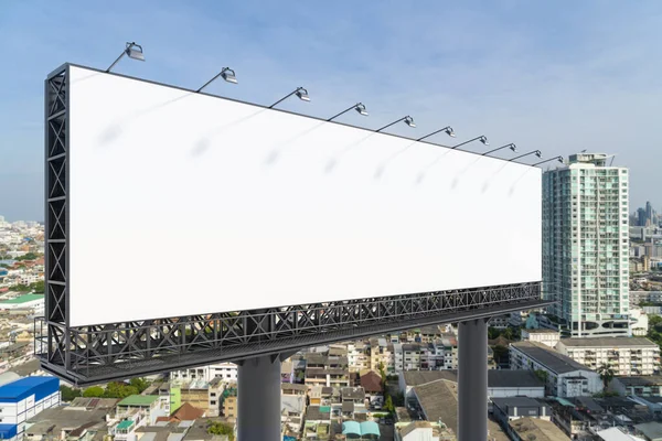 Blank white road billboard with Bangkok cityscape background at day time. Street advertising poster, mock up, 3D rendering. Side view. The concept of marketing communication to promote or sell idea. — Stock Photo, Image