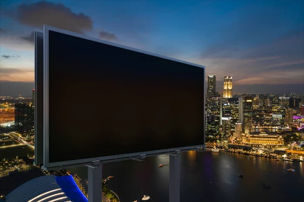 Panneau d'affichage noir vierge avec fond de paysage urbain de Singapour la nuit. Affiche publicitaire, maquette, rendu 3D. Vue latérale. Le concept de communication marketing pour vendre l'idée. — Photo