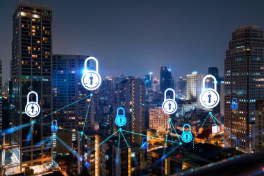 Parlayan Padlock hologramı, Bangkok, Asya 'nın gece panoramik şehir manzarası. Şirketleri korumak için siber güvenlik kavramı. Çift pozlama.