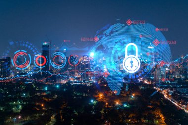 Parlayan Padlock hologramı, Bangkok, Asya 'nın gece panoramik şehir manzarası. Şirketleri korumak için siber güvenlik kavramı. Çift pozlama.