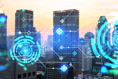 Parlak teknolojik süreç hologramı, gün batımında Bangkok 'un havadan panoramik manzarası. Asya 'daki en büyük yenilikçi teknoloji merkezi. Çoklu pozlama.