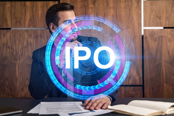 Man in office think and dream datum financial ipo drawing concept. Double exposure.